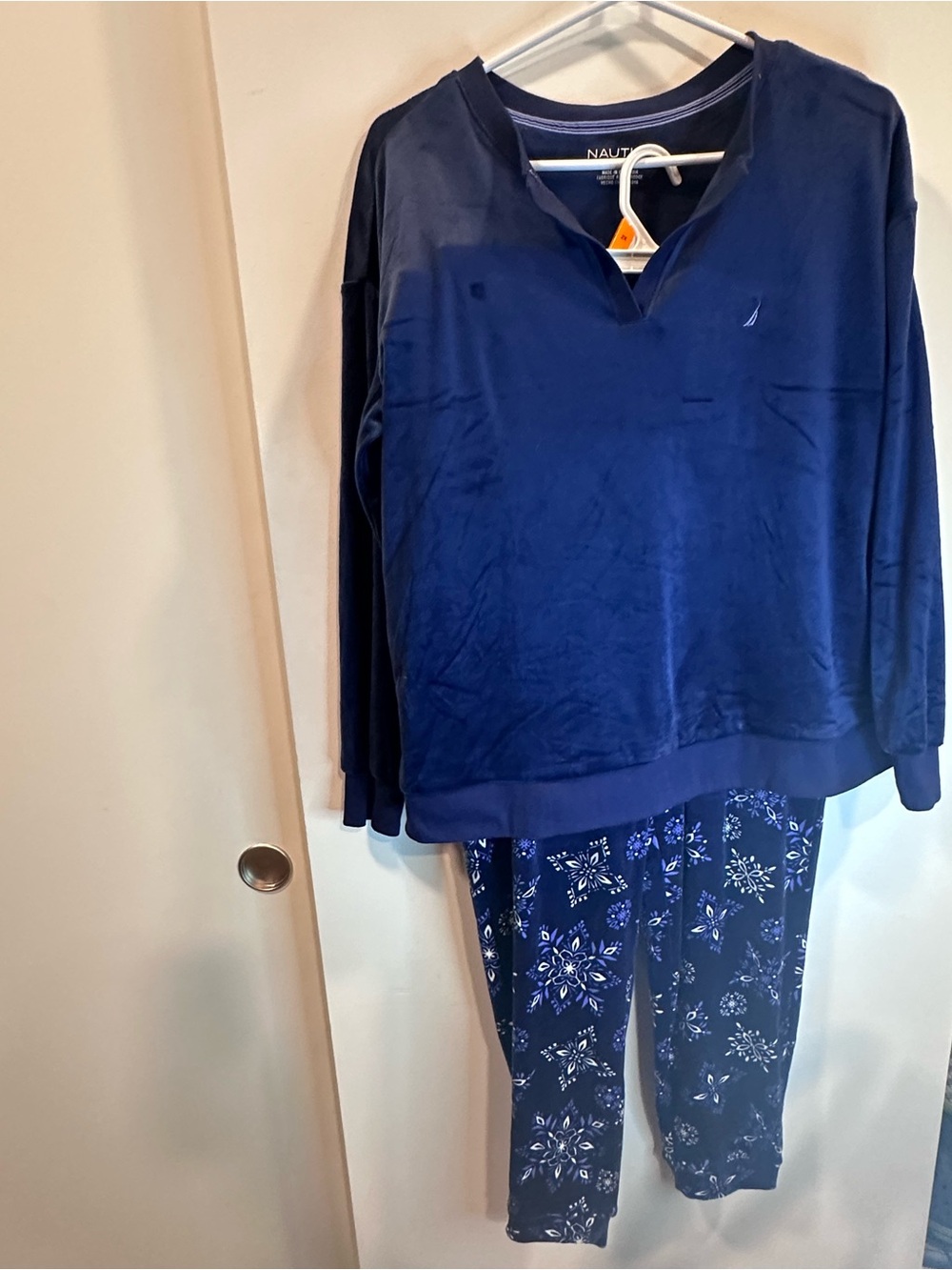 Nautica Women's Navy Blue Long-Sleeve Pajama Top with Snowflake Print Pants